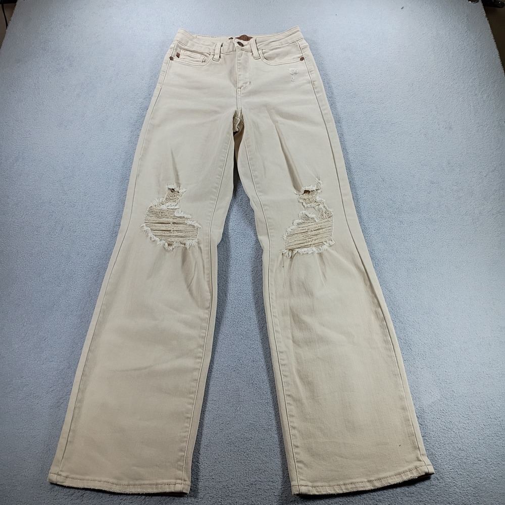 Judy Blue Womens Wide Leg Distressed Jeans Tan 23 Inseam 30.5 Ripped Denim